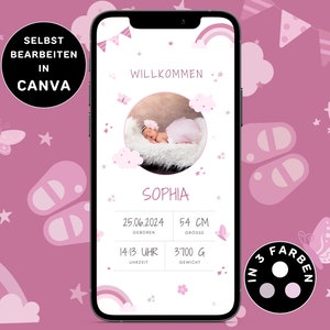 Anuncio de nacimiento de niña digital para enviar por WhatsApp Tarjeta electrónica de anuncio de nacimiento de niña rosa personalizable Plantilla Canva de anuncio de nacimiento