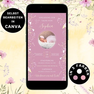 Digitale Einladung Taufe Mädchen zum Versenden per WhatsApp Taufkarte Foto Personalisierbar eCard Taufeinladung Mädchen Pink Blumen Canva