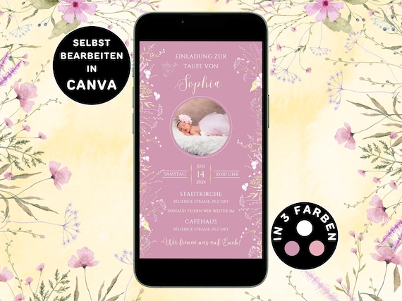 Digitale Einladung Taufe Mädchen Vorlage Personalisierbar zum Versenden WhatsApp Taufkarte Foto eCard Taufeinladung Rosa Blumen Canva Kirche