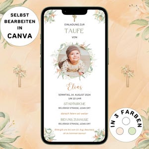 Invitación Digital Bautizo Neutral para enviar por WhatsApp Tarjeta Bautizo Digital Foto eCard Personalizable Invitación Bautizo Flores Foto Canva