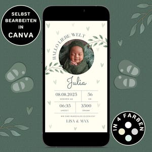 Digitale Geburtsanzeige zum Versenden per WhatsApp Geburtsanzeige Personalisierbar Neutral eCard Geburt Verkünden Digital Baby-Ankündigung