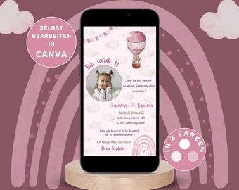 Digital Birthday Invitation for Girls, Customizable for Sending as an eCard, Rainbow Photo Bear Canvas Template, Pink
