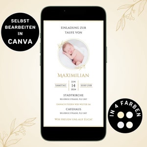 Digitale Einladung Taufe Minimalistisch zum Versenden per WhatsApp Gold Taufkarte Foto Personalisierbar eCard Taufeinladung Gold Weiß Canva
