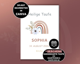 Plantilla de folleto de bautismo digital Arcoíris Folleto de iglesia personalizable Folleto de bautismo imprimible Orden de servicio de bautismo Programa de bautismo Plantilla de Canva Neutral