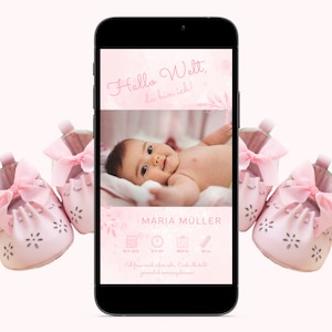 Digitale geboorteaankondiging meisje om te versturen via WhatsApp Gepersonaliseerde geboorteaankondiging eCard Geboorteaankondiging Babyaankondiging Canva