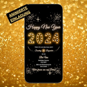 Animierte Neujahrsfeier Einladung digitale WhatsApp Einladungskarte Silvester Karte Rutsch ins Neujahr Silvester Party Canva 1080 x 1920px