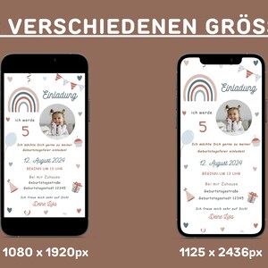 Op de afbeelding: Een digitale verjaardagsuitnodiging met een regenboog, een cupcake en een foto van een kind. De tekst luidt "Einladung" en "Ich werde 5".