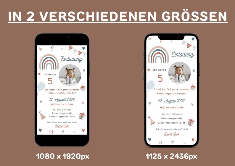 Op de afbeelding: Een digitale verjaardagsuitnodiging met een regenboog, een cupcake en een foto van een kind. De tekst luidt "Einladung" en "Ich werde 5".