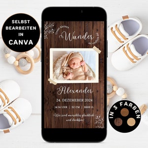 Digitale Geburtsanzeige Neutral zum Versenden per WhatsApp Personalisierbar Geburtsanzeige Holz eCard Geburt Verkünden Foto Baby Ankündigung