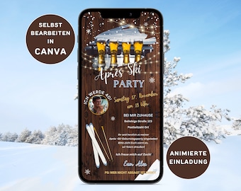 eCARD Apres Ski Party Verjaardagsuitnodiging om via WhatsApp te versturen Geanimeerde verjaardagsuitnodiging Aanpasbare Bierhut Party Canva
