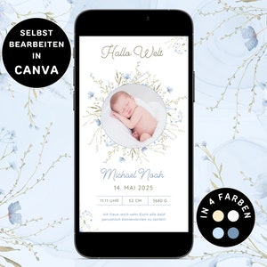 Anuncio de nacimiento digital Niño Enviar por WhatsApp Anuncio de nacimiento personalizado Flores Tarjeta electrónica Anuncio de nacimiento Anuncio de bebé Canva