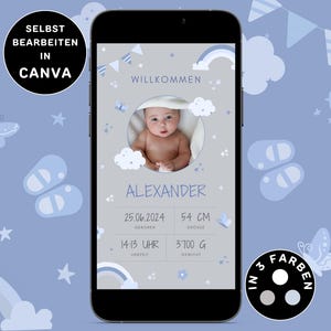 Anuncio de nacimiento digital niño para enviar por WhatsApp Tarjeta electrónica con foto de anuncio de nacimiento personalizable anuncio de nacimiento niño arcoiris Canva