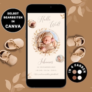 Anuncio de nacimiento digital Personalizable para enviar por WhatsApp Anuncio de nacimiento neutro Tarjeta electrónica Anuncio de nacimiento Anuncio de bebé Canva