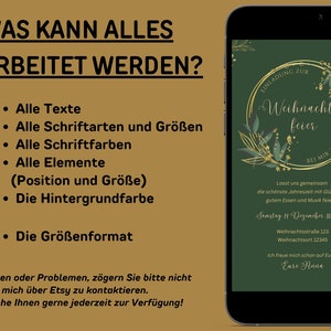 May include: A smartphone displays a digital Christmas party invitation. The invitation features a gold circular frame with green leaves and text in gold. The background is dark green.