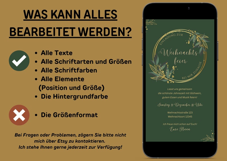 May include: A smartphone displays a digital Christmas party invitation. The invitation features a gold circular frame with green leaves and text in gold. The background is dark green.