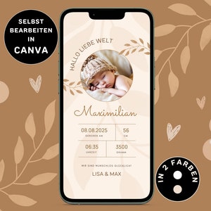 Anuncio de nacimiento digital neutro para enviar por WhatsApp Tarjeta electrónica de anuncio de nacimiento personalizable Anuncio de nacimiento Anuncio de bebé Canva