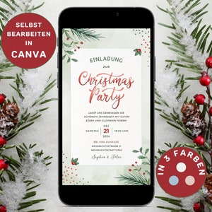 May include: A digital invitation for a Christmas party with a green and white watercolor background. The text reads "Einladung zur Christmas Party". The invitation includes the date and time of the party, the address, and the names of the hosts.