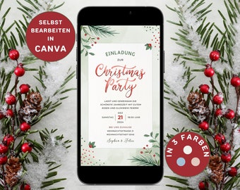 May include: A digital invitation for a Christmas party with a green and white watercolor background. The text reads "Einladung zur Christmas Party". The invitation includes the date and time of the party, the address, and the names of the hosts.