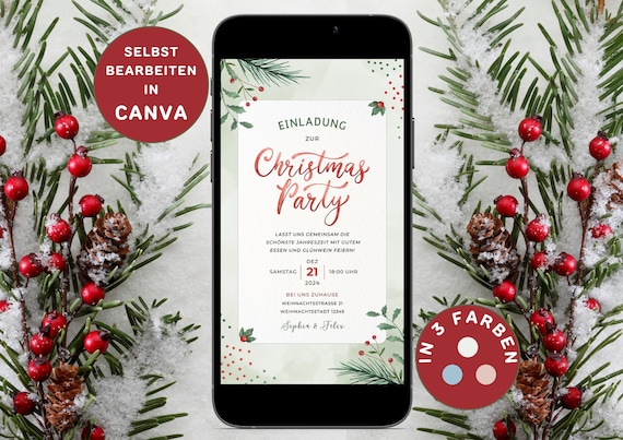 Einladung Weihnachten Digital Versenden per WhatsApp eCard Weihnachtsparty Einladung Personalisierbar Einladungskarte Weihnachtsfeier Canva