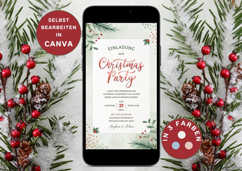 May include: A digital invitation for a Christmas party with a green and white watercolor background. The text reads "Einladung zur Christmas Party". The invitation includes the date and time of the party, the address, and the names of the hosts.