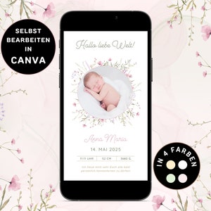 Anuncio de nacimiento digital niña Enviar por WhatsApp Tarjeta electrónica personalizable con flores para anuncio de nacimiento Anuncio de bebé Canva