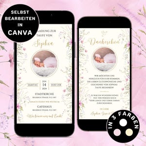 Invitation baptême fille à envoyer via WhatsApp Invitation baptême fille Carte virtuelle personnalisable baptême fille fleurs Carte de remerciement pour baptême