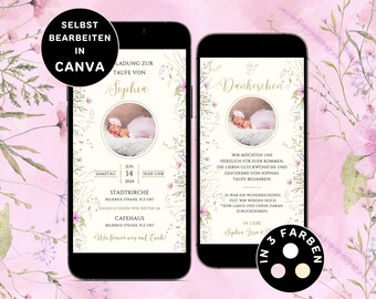 Invitación digital de bautizo para niñas, personalizable, enviar vía WhatsApp eCard, plantilla de flores de bautizo, tarjeta de agradecimiento, foto, lienzo, fiesta de la iglesia, rosa