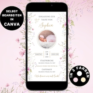 Digitale Einladung Taufe Mädchen zum Versenden per WhatsApp Taufkarte Foto Personalisierbar eCard Taufeinladung Mädchen Blumen Canva Vorlage