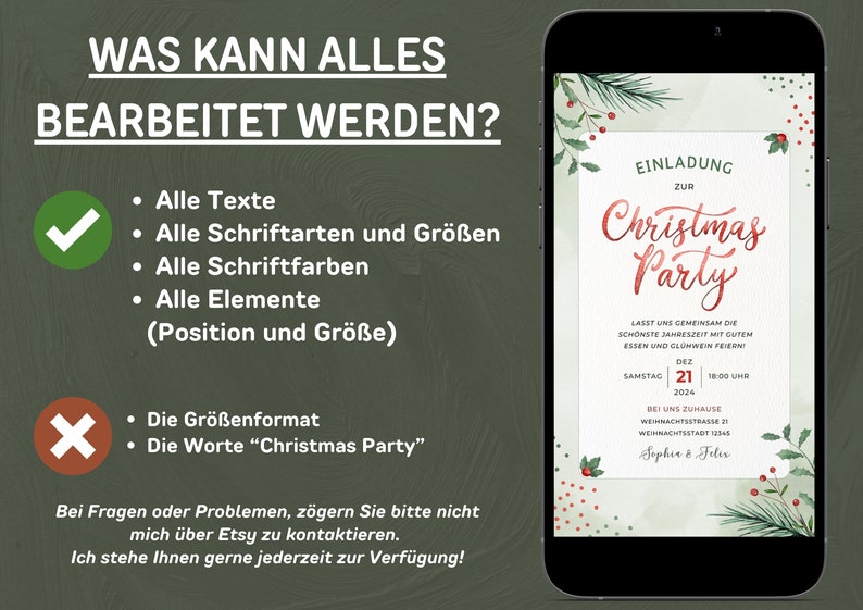 May include: A customizable Christmas party invitation template with a green and red watercolor background. The text reads "Christmas Party" in red script font. The invitation includes details such as the date, time, and location of the party.
