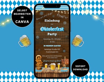 Oktoberfest Einladung Digital Versenden per Whatsapp eCard Oktoberfest Einladung Personalisierbar Wiesn Bier Party O’zapft is! Canva Vorlage