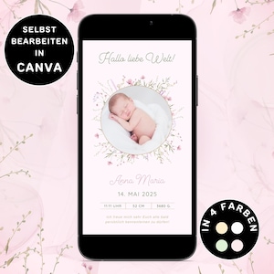 Digitale Geburtsanzeige Mädchen Versenden per WhatsApp Personalisierbar Geburtsanzeige Blumen eCard Geburt Verkünden Mädchen Baby-Ankünden
