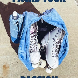 May include: A blue corduroy backpack with a zipper open, revealing a pair of white roller skates inside. The backpack has the text "PACKS YOUR PASSION" printed on it. The text "QUAD ROLLER HOCKEY ICE FIGURE INLINE" is printed below the main text.