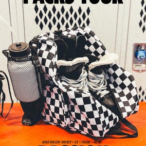 May include: Black and white checkered skate bag with a zipper closure and a shoulder strap. The bag is labeled "PACKS YOUR" and "PASSION".