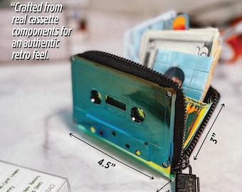 Small Zipper Wallet, Electro Green Cassette Tape Design, Vegan Leather
