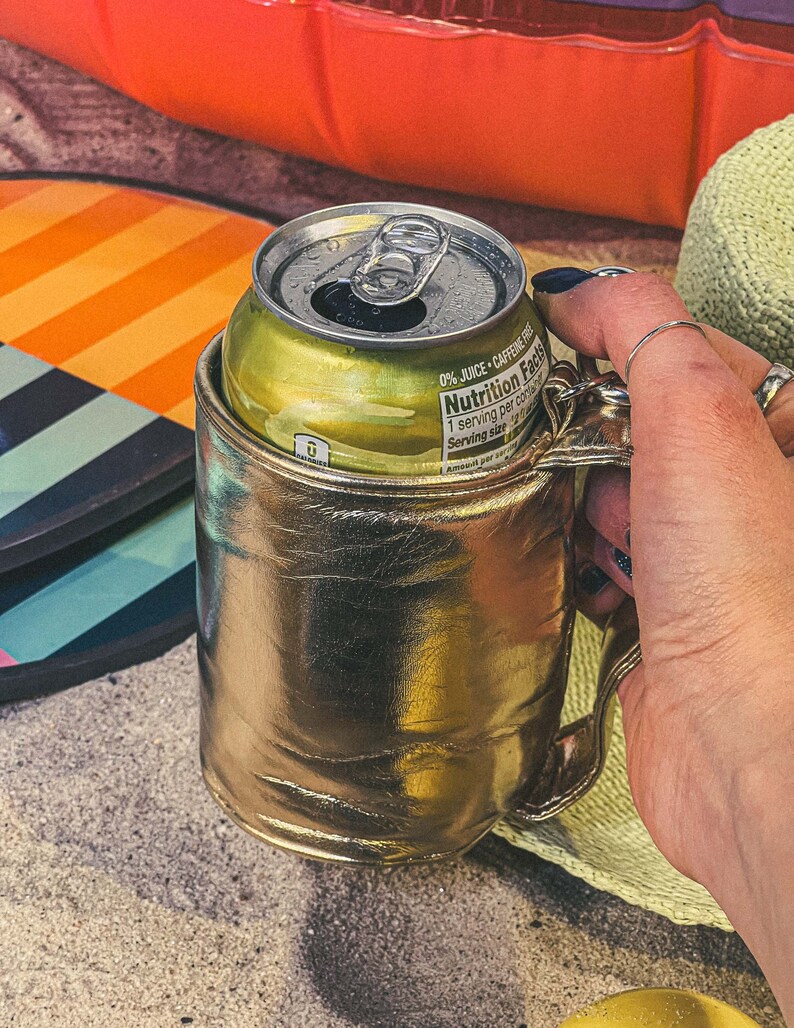 Külzee™ Handle Can Cooler | Can Cooler Sleeve | Beer Can Coolers | Beach Can Holder | Insulated Can Cooler | Vegan Leather | Gold image 5