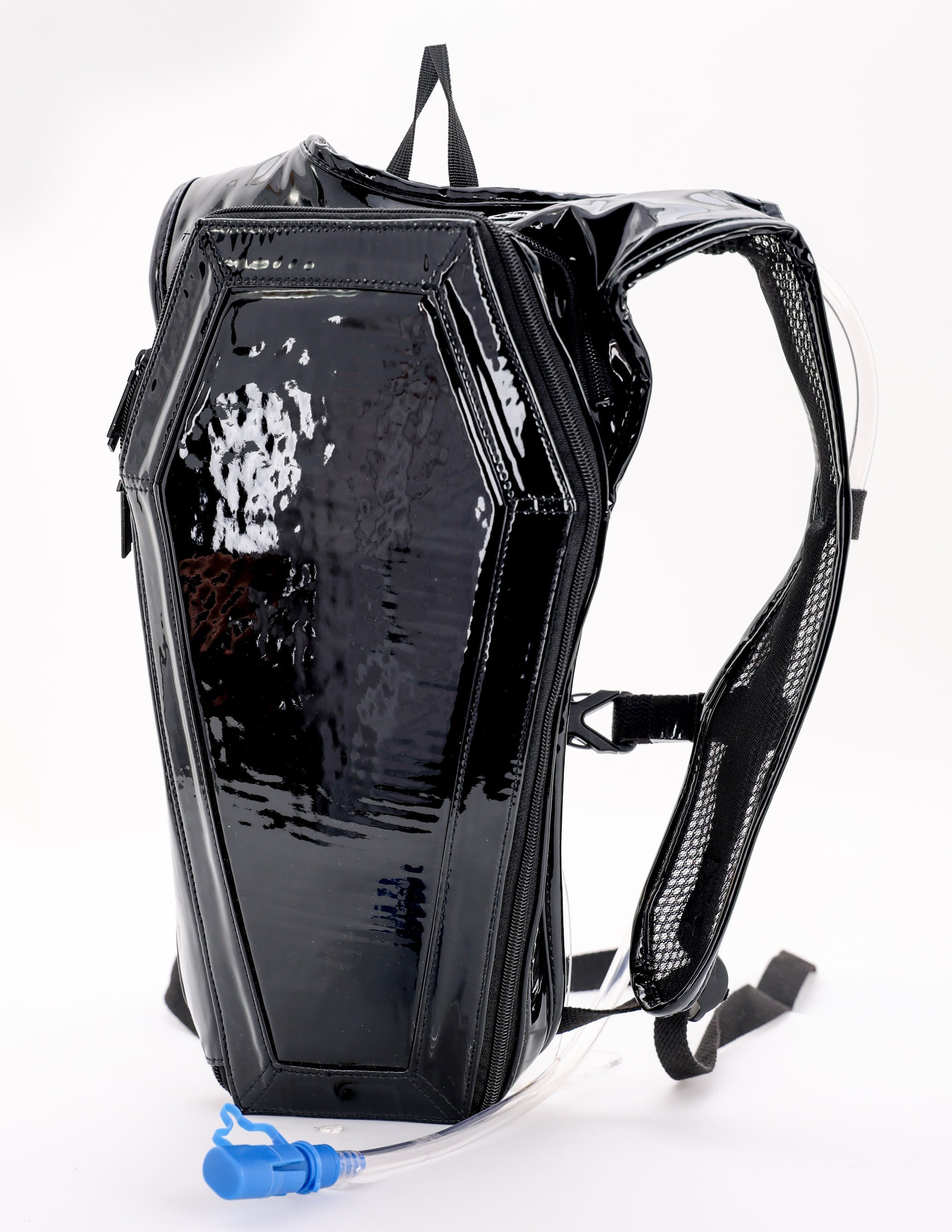 FYDELITY Patent PVC Black Coffin Shaped Hydro Pack Backpack Water Flask Bag FYDELITY- Black Coffin Bag | Goth Halloween Coffin Backpack  main image 4