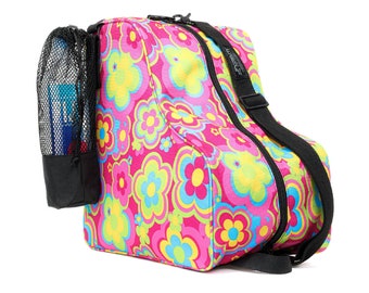 May include: Pink and green floral print skate bag with a black mesh side pocket and a black adjustable shoulder strap.
