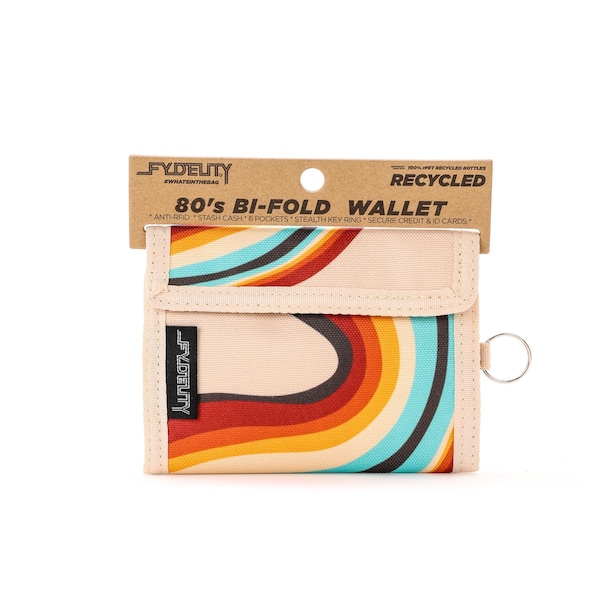 Portafoglio retrò anni '80 ecologico: tessuto RPET riciclato, design bifold colorato / sottile, compatto, 6 scomparti per carte, regalo unisex