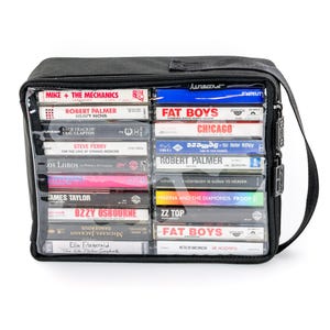 Cassette Storage Case: Black Vegan Leather - Holder for 20 Audio Tapes (2x10), Car Protective Padded Storage Case, Clear Top