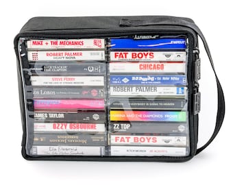 Cassette Storage Case: Black Vegan Leather - Holder for 20 Audio Tapes (2x10), Car Protective Padded Storage Case, Clear Top