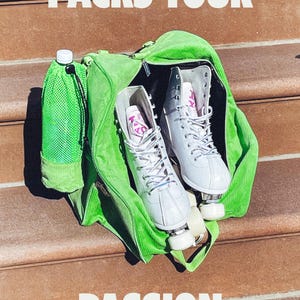 May include: A green, heavy-duty, convertible skate backpack with a shoulder strap. The backpack is open and two white roller skates are inside. The backpack is sitting on a set of brown stairs. The text "PACKS YOUR PASSION" is printed in white on a black background above the backpack. The text "QUAD ROLLER HOCKEY ICE FIGURE INLINE" is printed in white on a black background below the backpack.