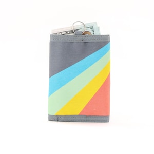 May include: A gray wallet with a colorful diagonal stripe design in blue, green, yellow, and red. The wallet is open, revealing a few US dollar bills and a silver key ring.