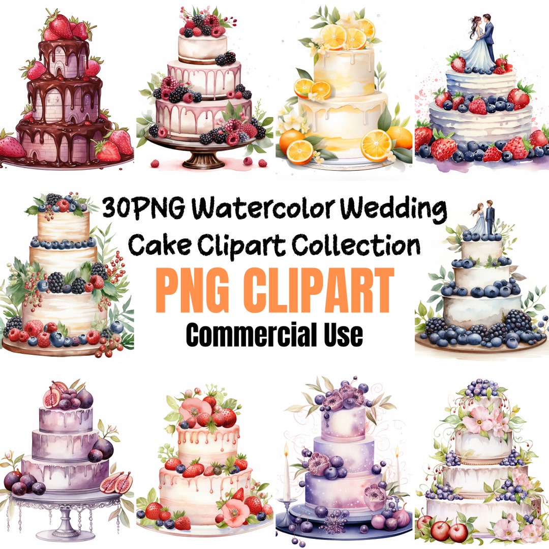 Watercolor Wedding Cake Clipart Collection, Commercial Use, 30 High