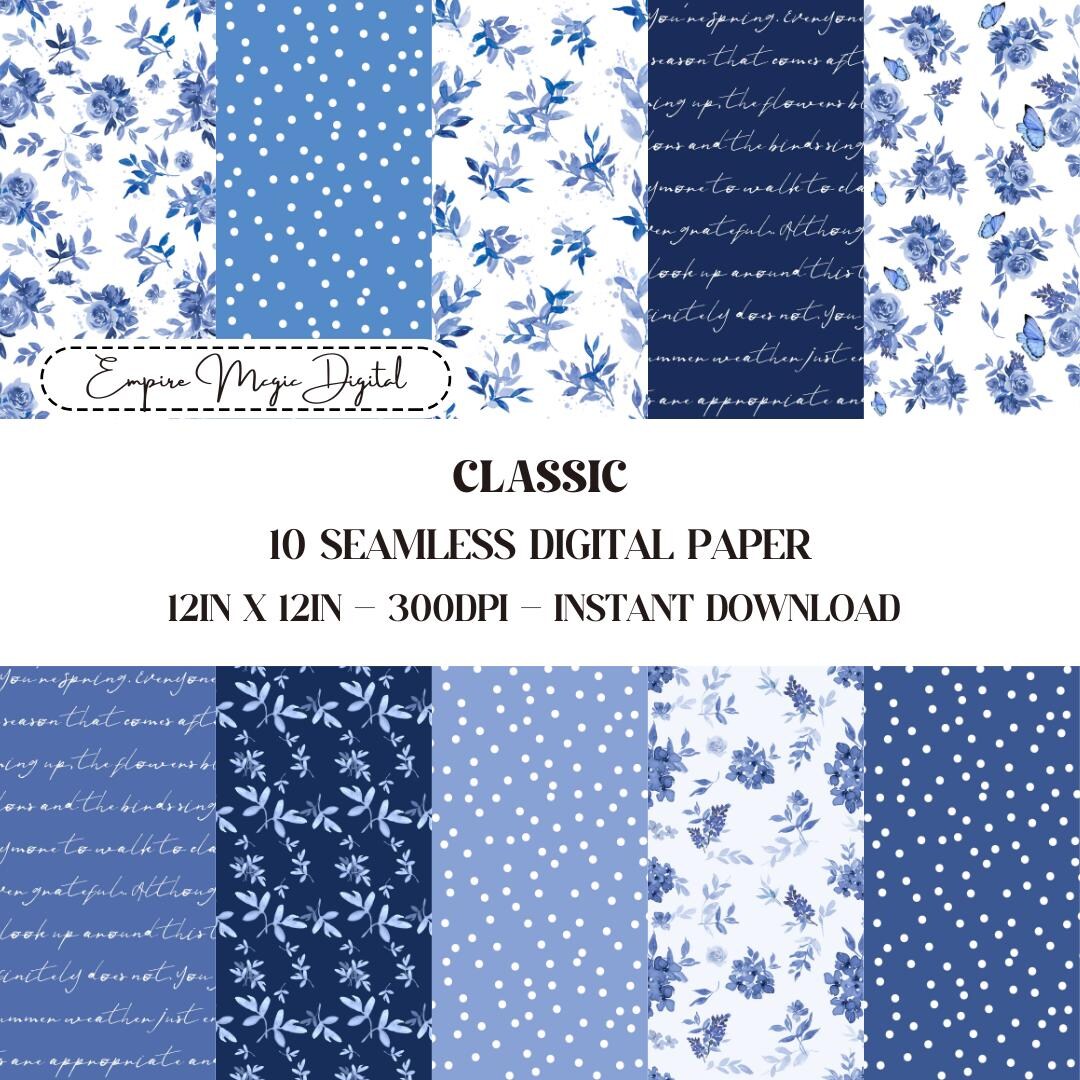 Blue Floral Paper, Floral Digital Paper, Scrapbook Paper, Seamless ...