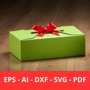 Puede incluir: Una caja de regalo rectangular verde lima con un lazo de satén rojo en la parte superior. La caja está cerrada y se encuentra sobre una superficie de madera. La parte inferior de la imagen contiene el texto: EPS - AI - DXF - SVG - PDF.