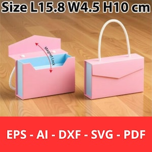 Puede incluir: Dos bolsos de mano de papel rosa con interior azul y asas de cuerda blanca. Las dimensiones son L15,8 cm, An4,5 cm y Al10 cm. Una bolsa está abierta, revelando un interior azul y el texto "Magnet Lock". La parte inferior de la imagen tiene el texto "EPS - AI - DXF - SVG - PDF".