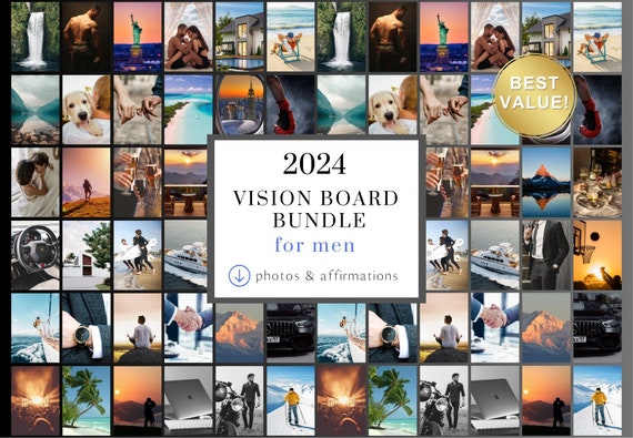 Printable 2024 Vision Board Bundle for Men With Photos & Affirmations,  Vision Board Kit PDF Pages for Manifesting, Visualization Mood Board 