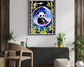 Abstraktes Gemälde Panda in einer magischen Seifenblase, Wandbild, SCHWIMMENDER PANDA