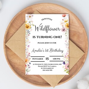 Wildflower 1st Birthday Party Invitation Template, Wildflower Invitation, Boho Birthday Invitation, First Birthday Flowers Invitation