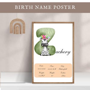 Póster de nombre personalizado editable, letra Z, decoración de guardería, letrero, impresión de estadísticas de nacimiento de niña y niño, arte de pared para habitación de niños, idea de regalo para baby shower
